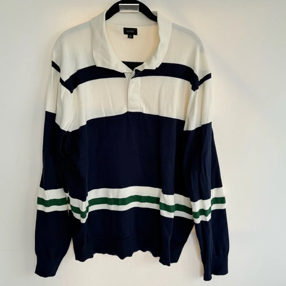 J.Crew Navy White and Green Striped Polo Rugby Sweater size XXL